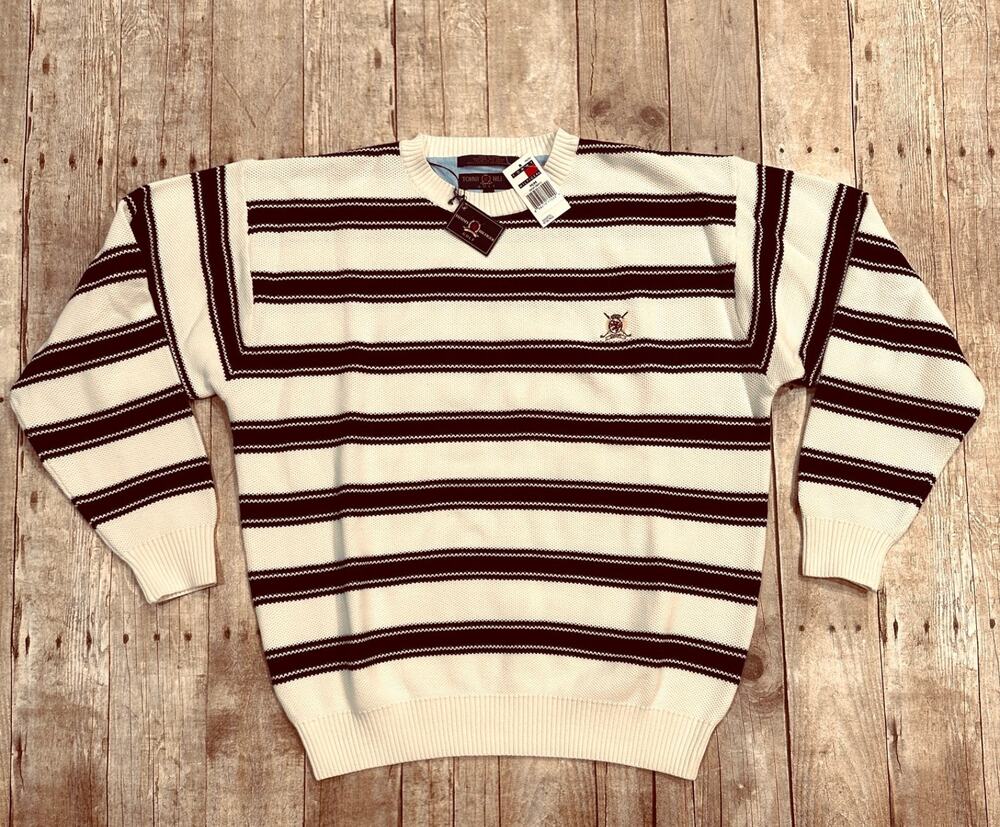 VTG Tommy Hilfiger Golf Sweater Men's Medium 100% Cotton Cream Black Striped NWT